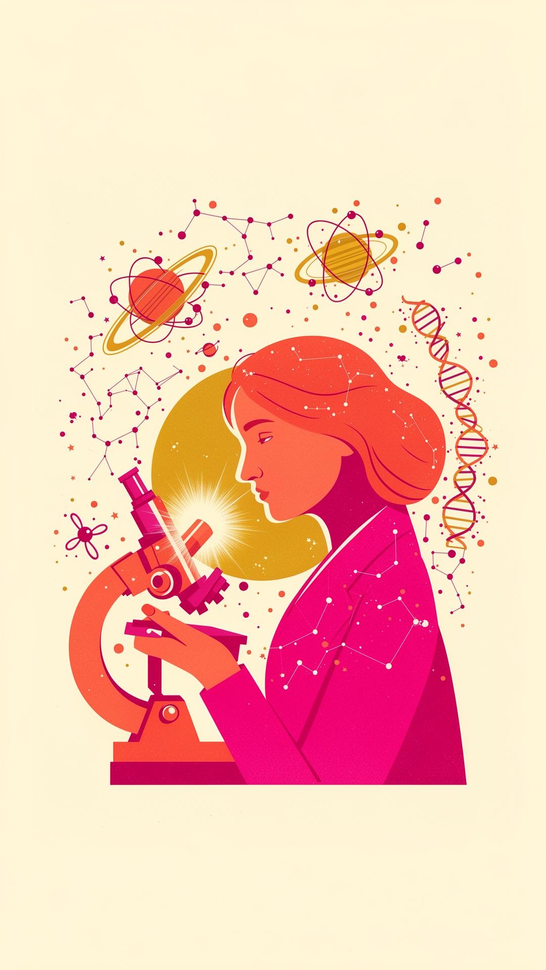 Ilustracja: naukowczyni przy mikroskopie wśród konstelacji i orbit